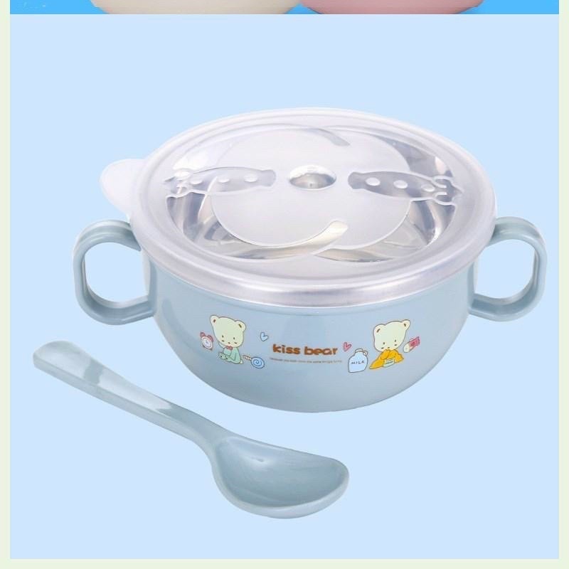 Bát Ăn Dặm Inox 2 lớp Cách Nhiệt Cho Bé Có Tay Cầm Nắp Đậy Kèm Thìa Muỗng, Chén ăn cháo, Bát Ăn Cơm