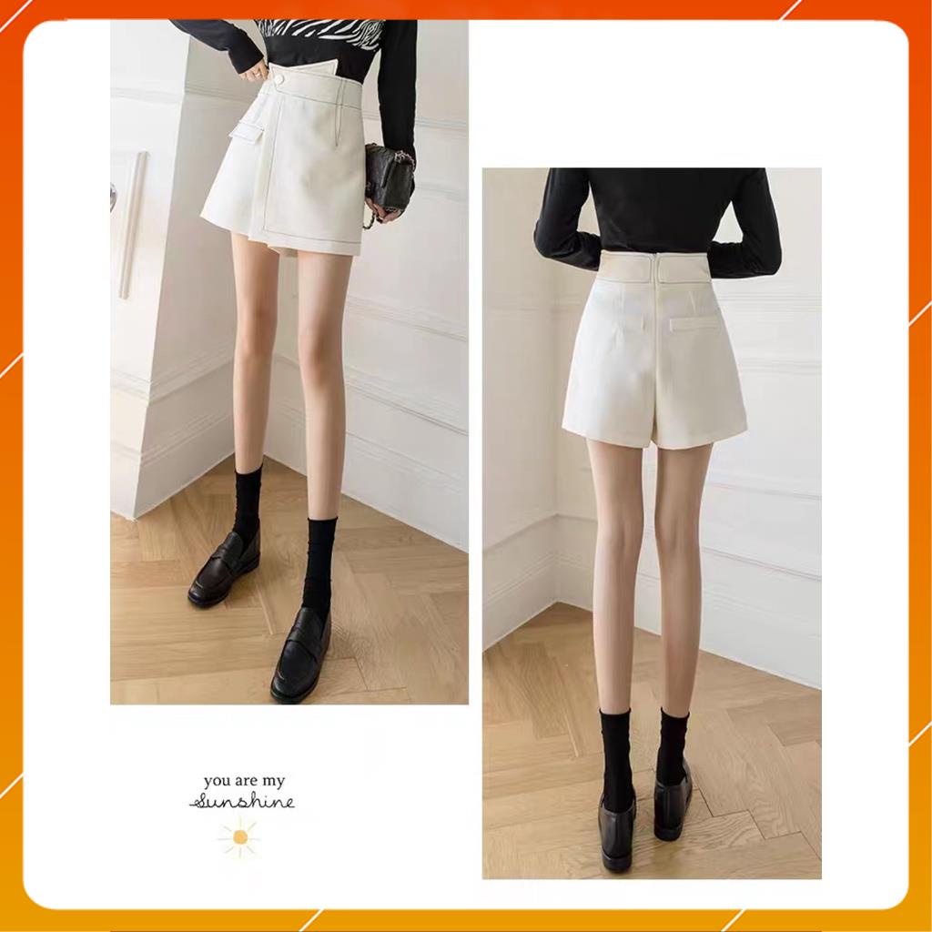 Quần giả váy nữ cạp cao - Quần short giả váy xếp lệch may chỉ nổi 2 màu trắng đen vải tuyết mưa vitex cao cấp Doly