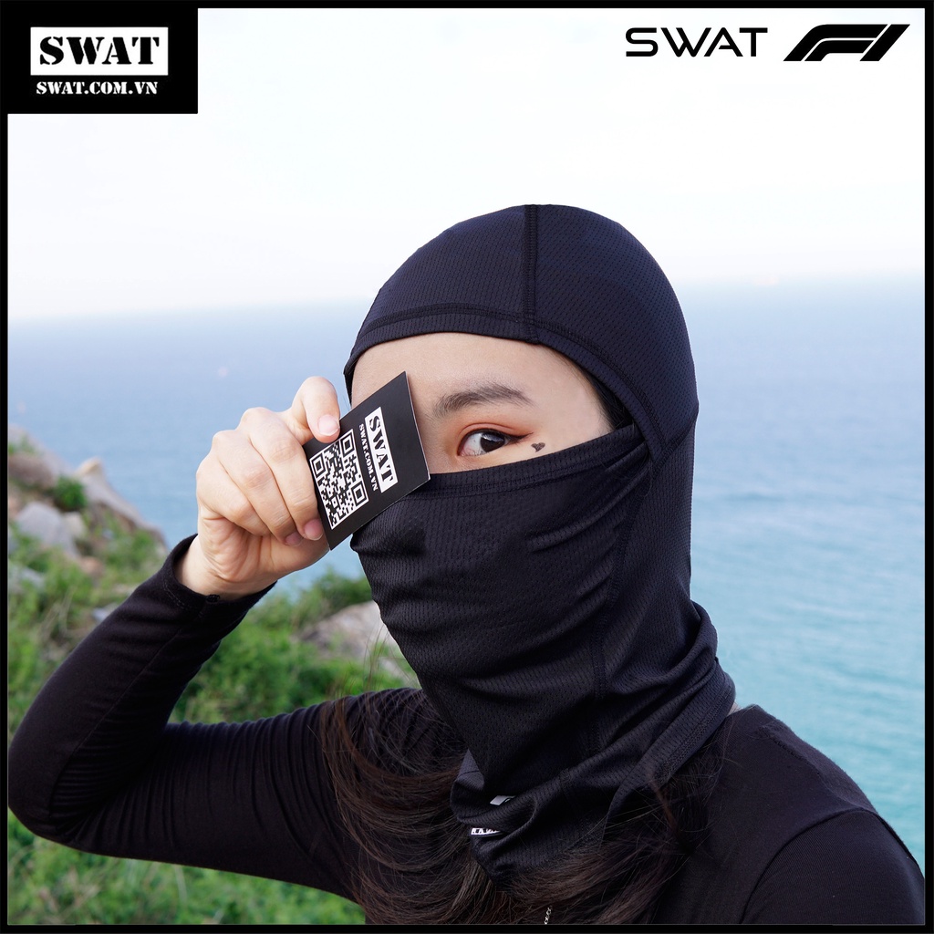 Khẩu trang trùm đầu SWAT F1 màu đen chỉ đen-vải lưới co dãn thấm mồ hôi, che nắng, che gió đi phượt,hoạt động ngoài trời