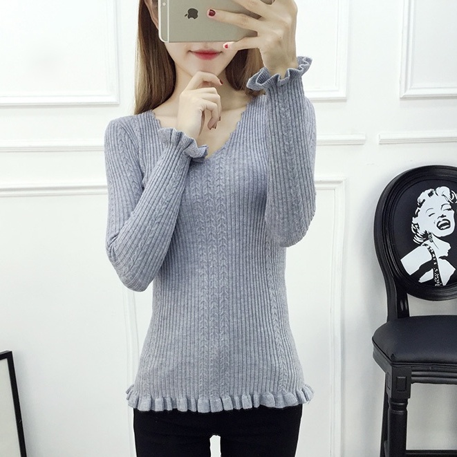 Áo Dệt Kim Tay Dài Cổ Chữ v Màu Sắc Trơn Phong Cách Hàn Quốc Dành Cho Nữ
