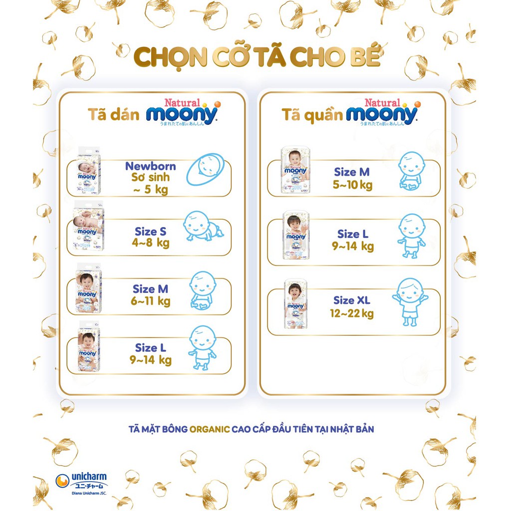 Tã dán Moony Natural siêu cao cấp NB63/S58/M46/L38