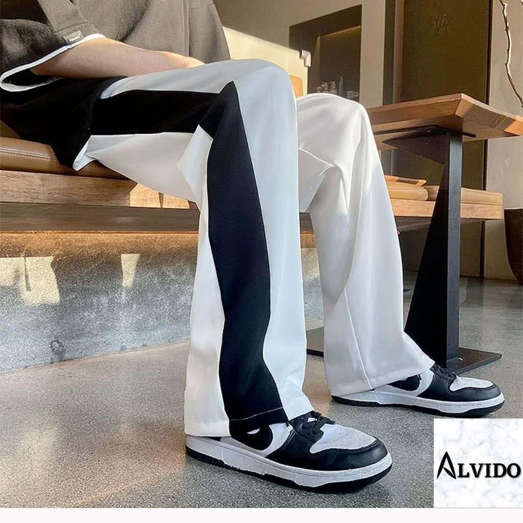 Quần Ống Rộng ALVIDO Quần Thun Nam Unisex Phối Sọc Mang Phong Cách Đường Phố  Hàn Quốc Chất Vải Umi thoáng mát QD312