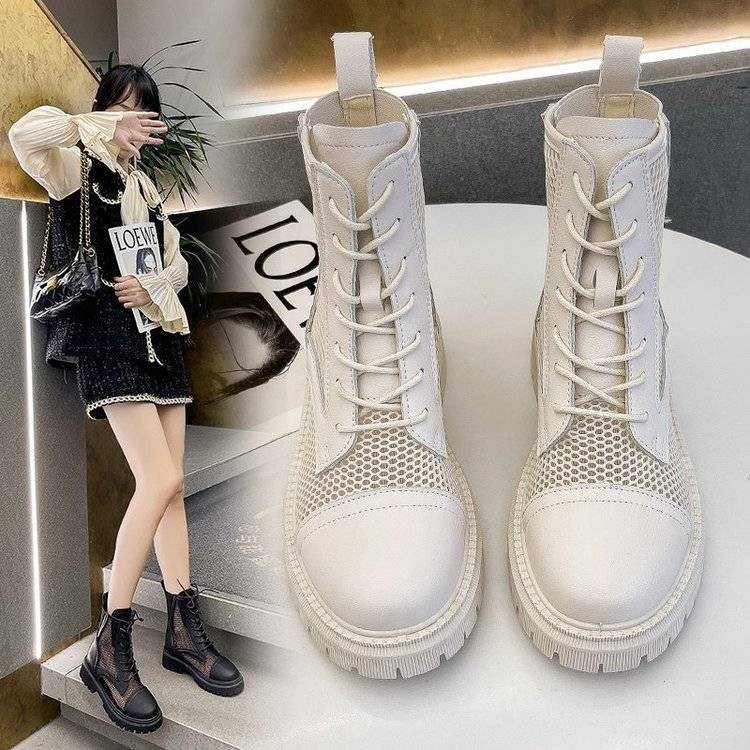 giày Martin boots lưới thoáng khí của phụ nữ 2021 mùa xuân và hè mới màu đỏ cao cổ mỏng đế bệt kiểu La Mã