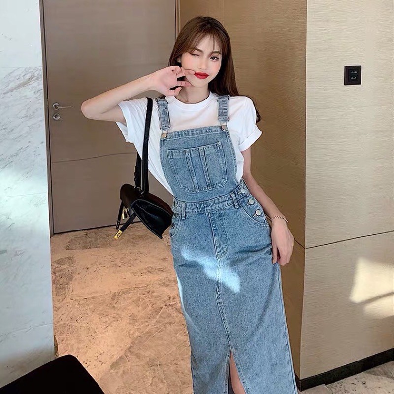 Váy yếm bò jeans ulzzang xẻ tà trước giành cho nữ