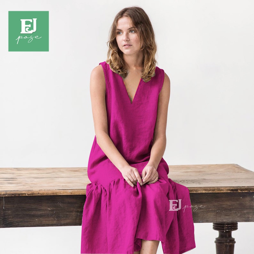 Đầm linen suông nữ dáng dài đẹp nhúng đuôi cá có túi hông trẻ trung EJ