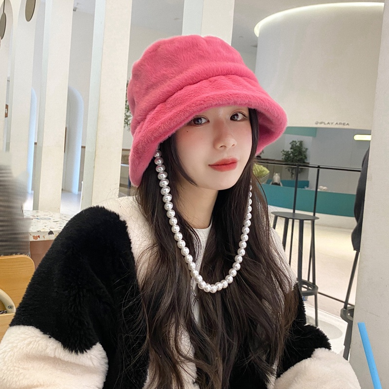 Mũ xô MG STUDIO phối lông thiết kế chuỗi ngọc trai tùy chọn màu sắc