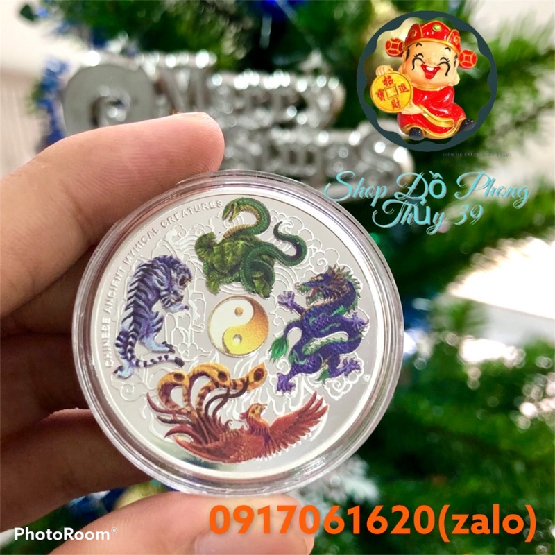 Đồng Xu Tứ Linh Thú In Màu 3D Rất Đẹp  Có Rất Nhiều Ý Nghĩa Phong Thuỷ May Mắn