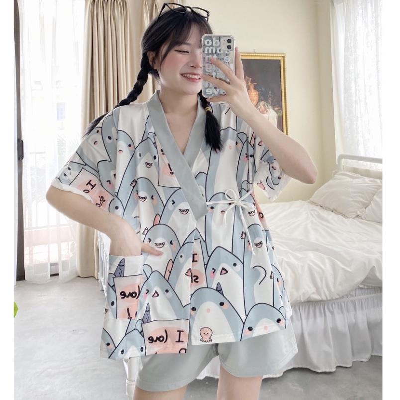 Đồ bộ nữ, bộ đồ ngủ kimono pijama cộc tay mặc nhà chất liệu cotton kiểu Nhật - Poohouse KIMONO-NHIEUMAU ! ^