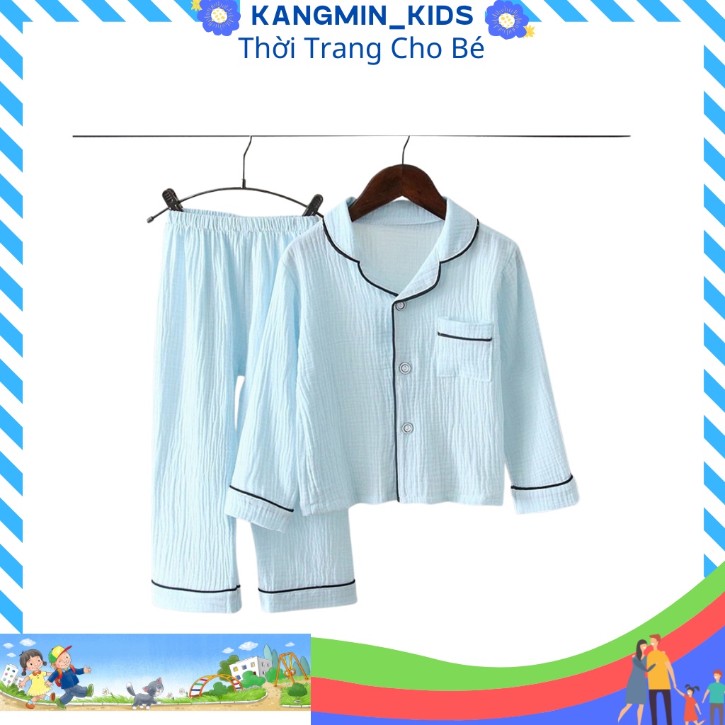 Bộ pijama cho bé trai bé gái Kangmin kids, bộ pizama cho bé trai chất đũi trơn dài QATET05, quần áo bé gái từ 7-27kg