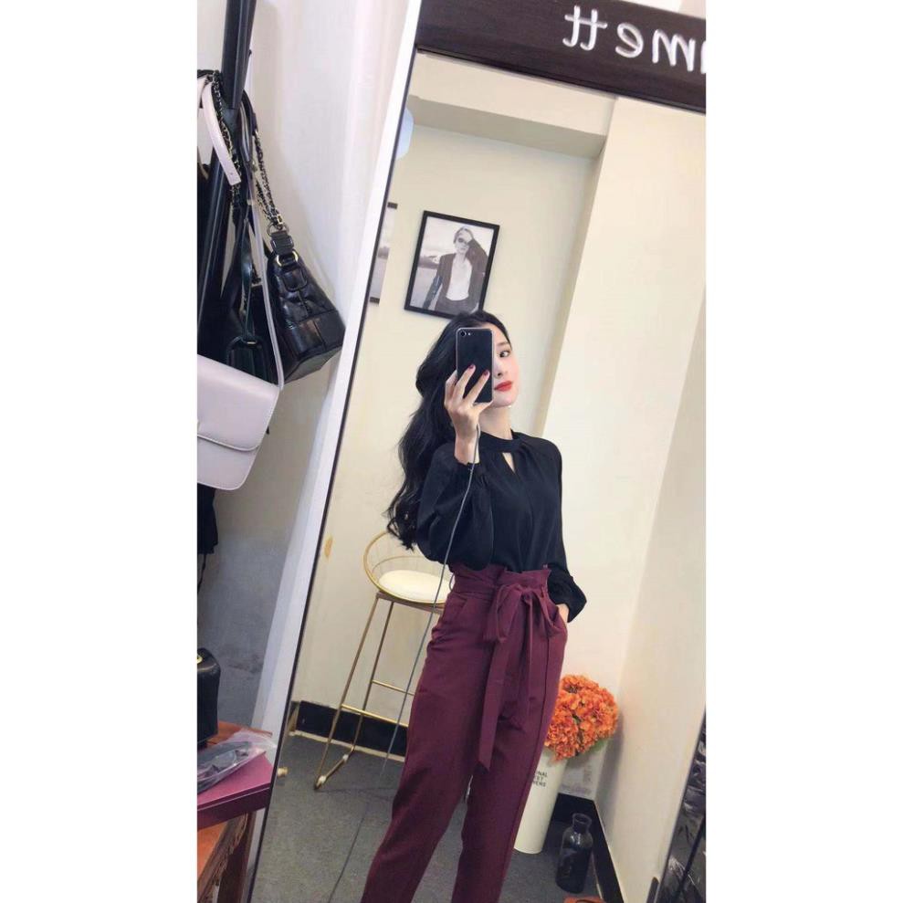 Set sơ mi hở chữ V quần dài nơ