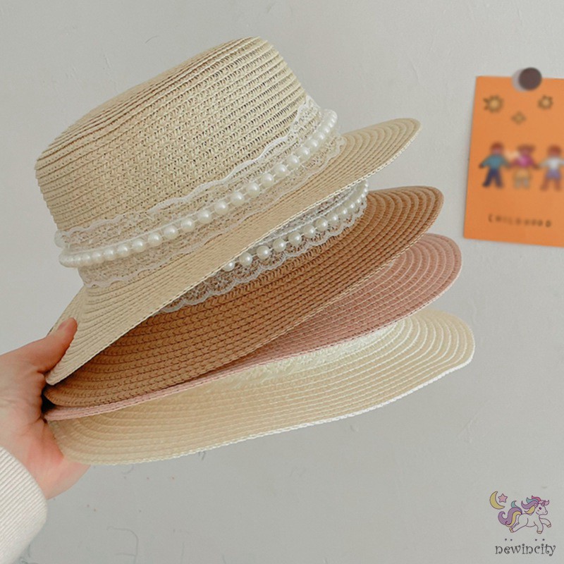 Mũ Cói Phối Ren Đính Ngọc Trai Giả Kiểu Hàn Quốc Xinh Xắn Cho Bé Gái