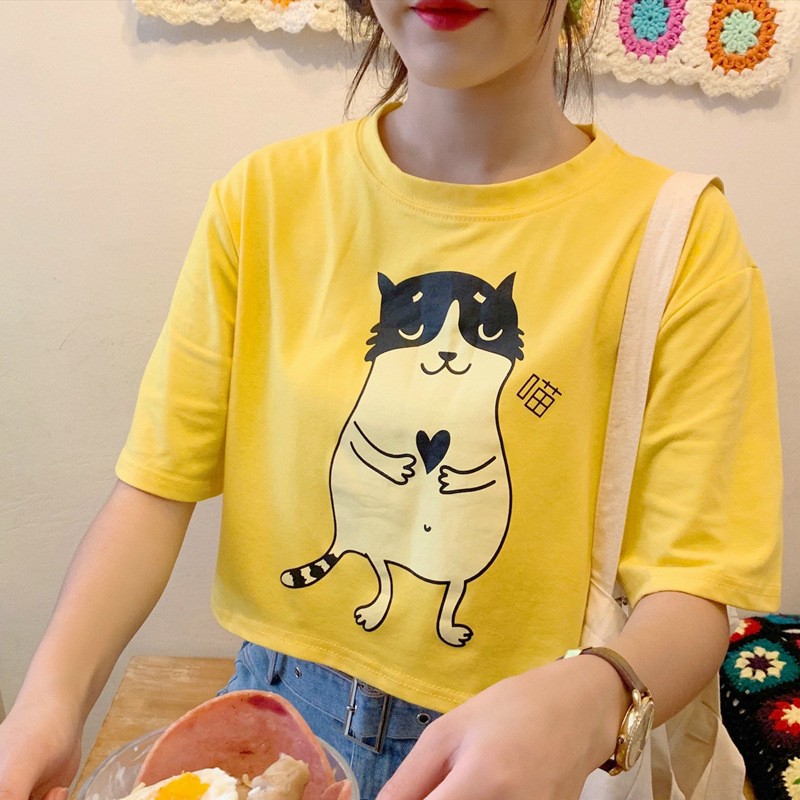 Áo thun croptop hình mèo kèm họa tiết hoa cúc - Sỉ lẻ áo croptop