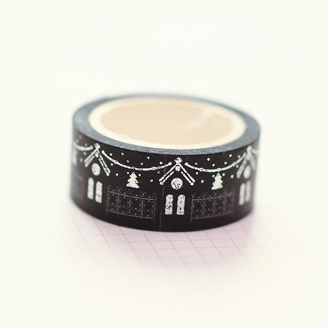 Cuộn băng dính washi tape màu đen / vàng trang trí nhật ký/ sổ tay
