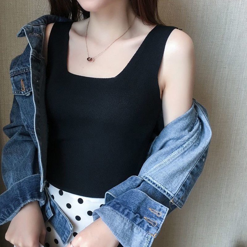 Summer design sense niche square neck sleeveless knit bottoming shirt fat sister plus size women's clothing was thin camisole women