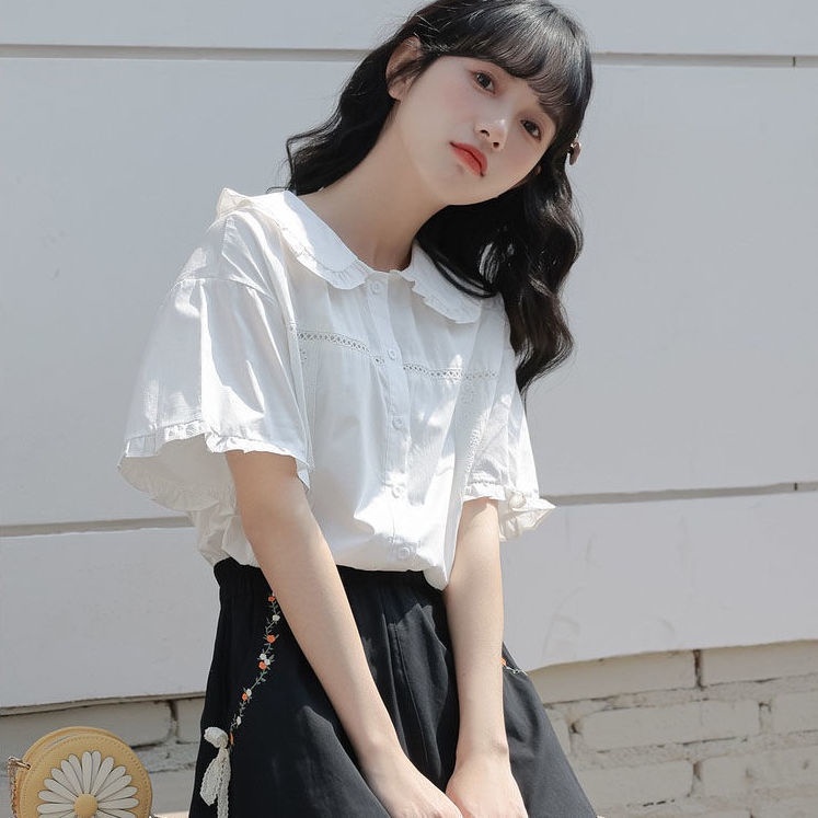 Áo Sơ Mi Tay Ngắn Dáng Rộng Cổ Búp Bê Thiết Kế Mới Ngọt Ngào Thời Trang Mùa Hè Dành Cho Nữ