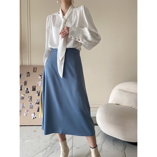 Áo sơ mi lụa trơn cột nơ kiểu trồng đầu tay phồng