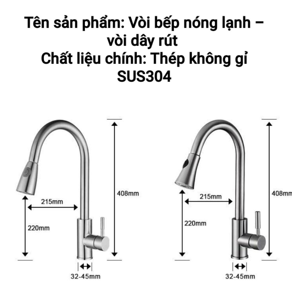 Vòi Rửa bát Nóng Lạnh inox SUS 304 Dây Rút ,Xoay 360 Độ vòi kèm dây cấp nước đầy đủ bảo hành 12 tháng - Sentaku
