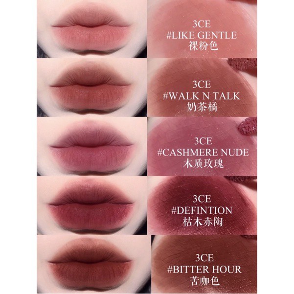 Son kem lì 3CE Velvet Lip Tint  [ BEBEAU ] Son Kem Lì 3CE Mịn Màng Như Nhung 4g Definiton  Bitter Hour Walk n talk