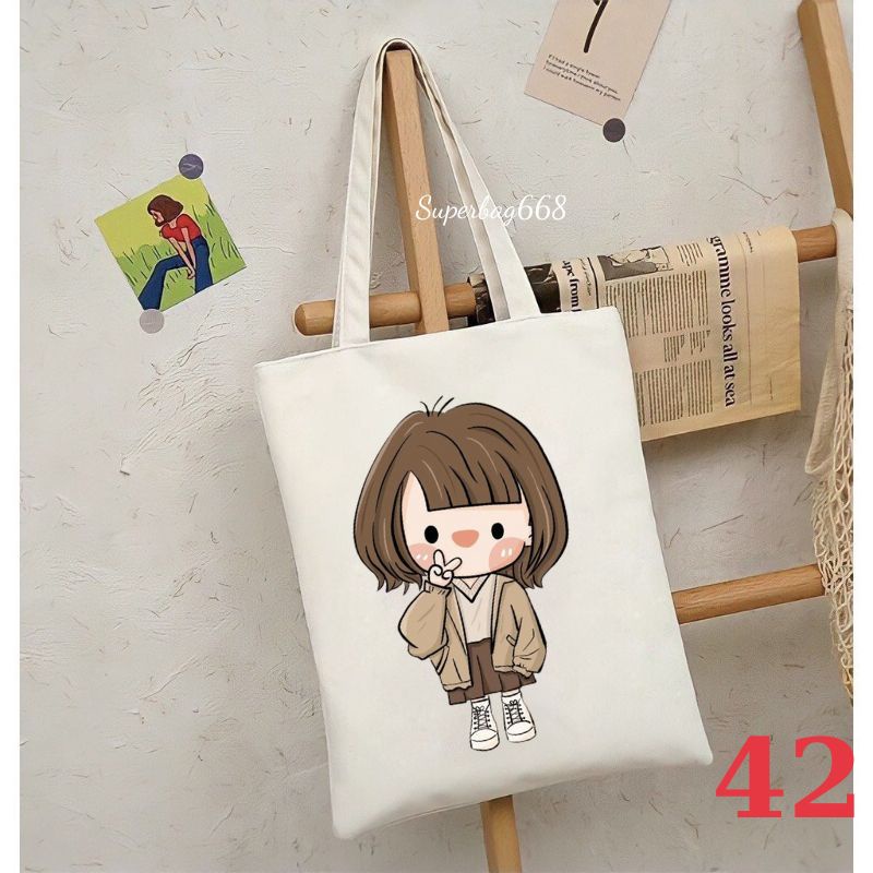 Túi tote túi vải canvas Hàn Quốc hoạ tiết cô gái đựng vừa A4 laptop đi chơi đi học Superbag668 HQ215