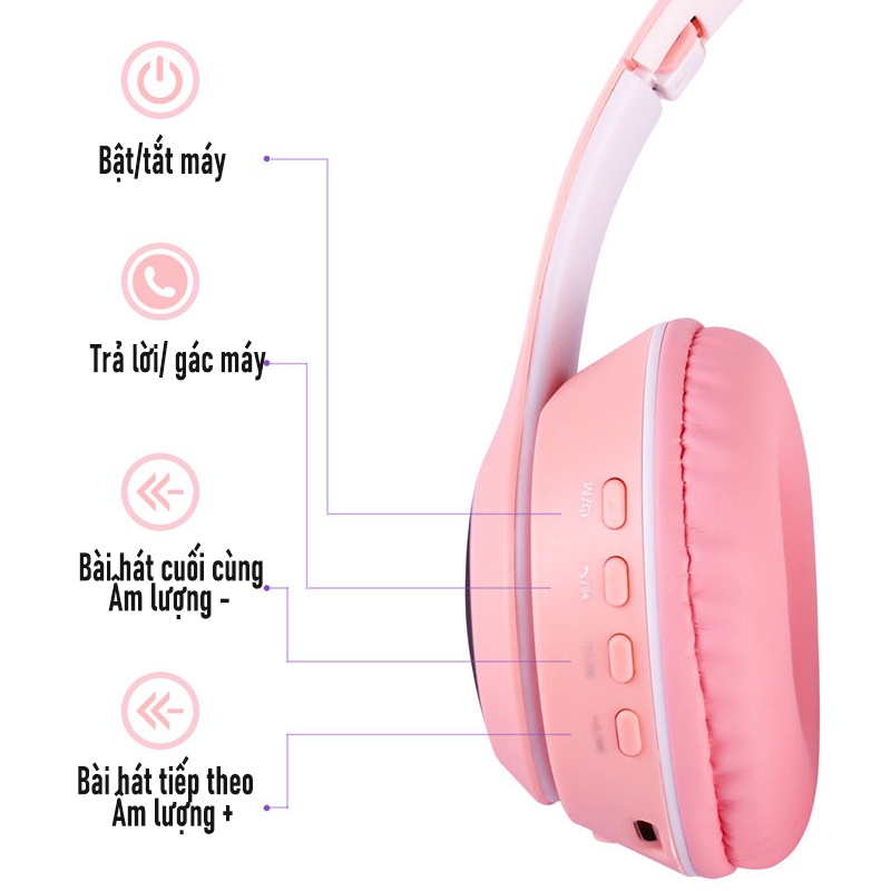 Tai Nghe Mèo Bluetooth Chụp Tai MZ-023, Có Micro, Âm Thanh Siêu Bass. Headphone Con Mèo Chơi Game, Học Online