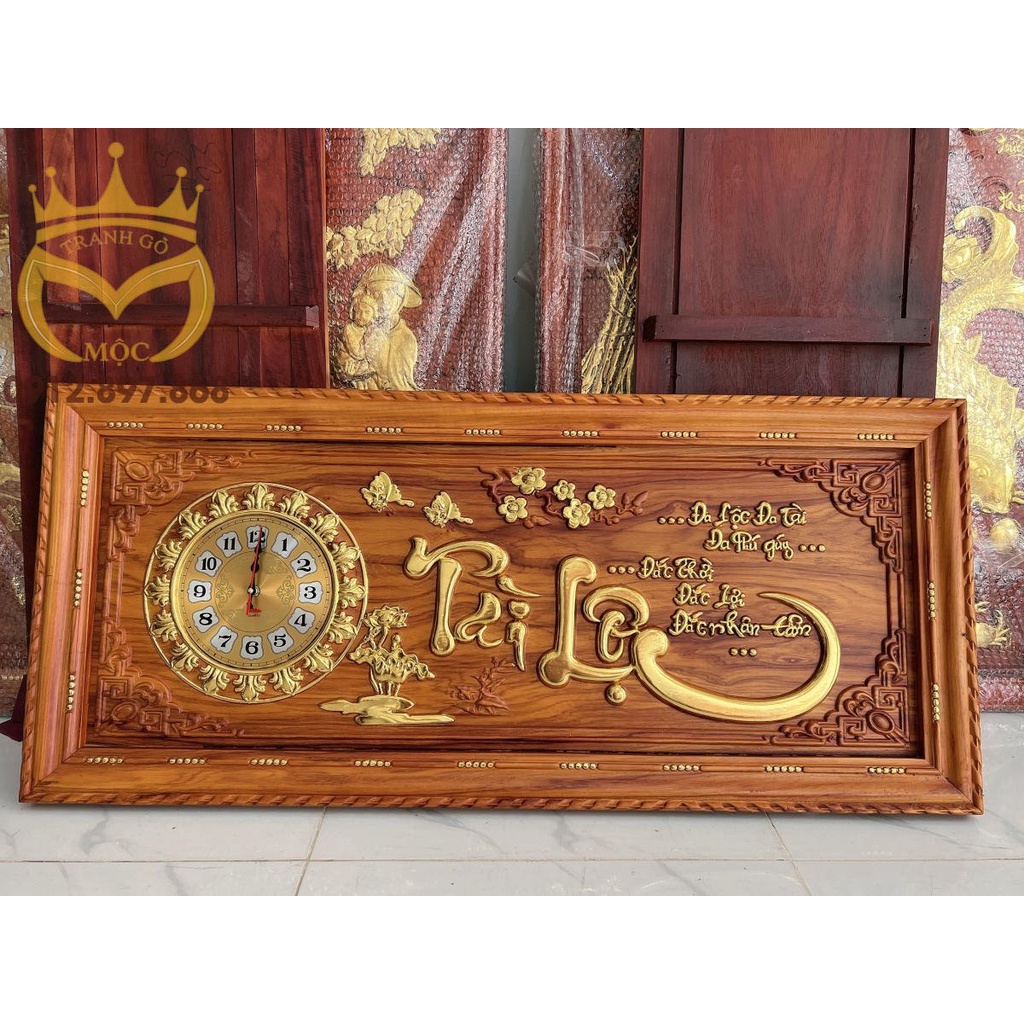 Tranh Đồng Hồ Gỗ Hương Thếp Vàng kích thước 48cm x 108cm