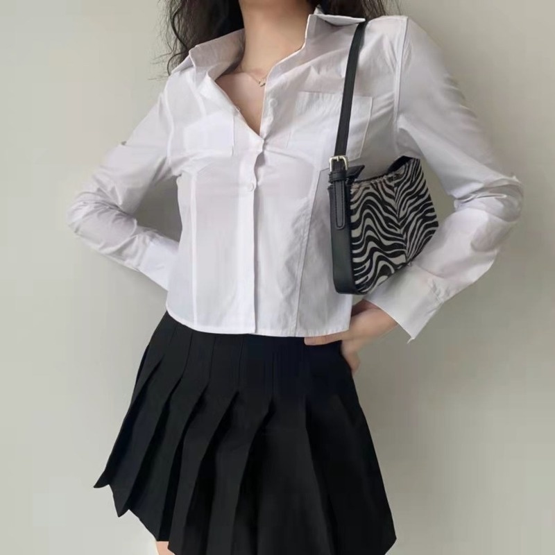 Áo Sơ Mi Trắng Tay Dài Cổ Bẻ Phối Hai Túi Thiết Kế Ngọt Ngào Phong Cách Học Sinh Mỹ