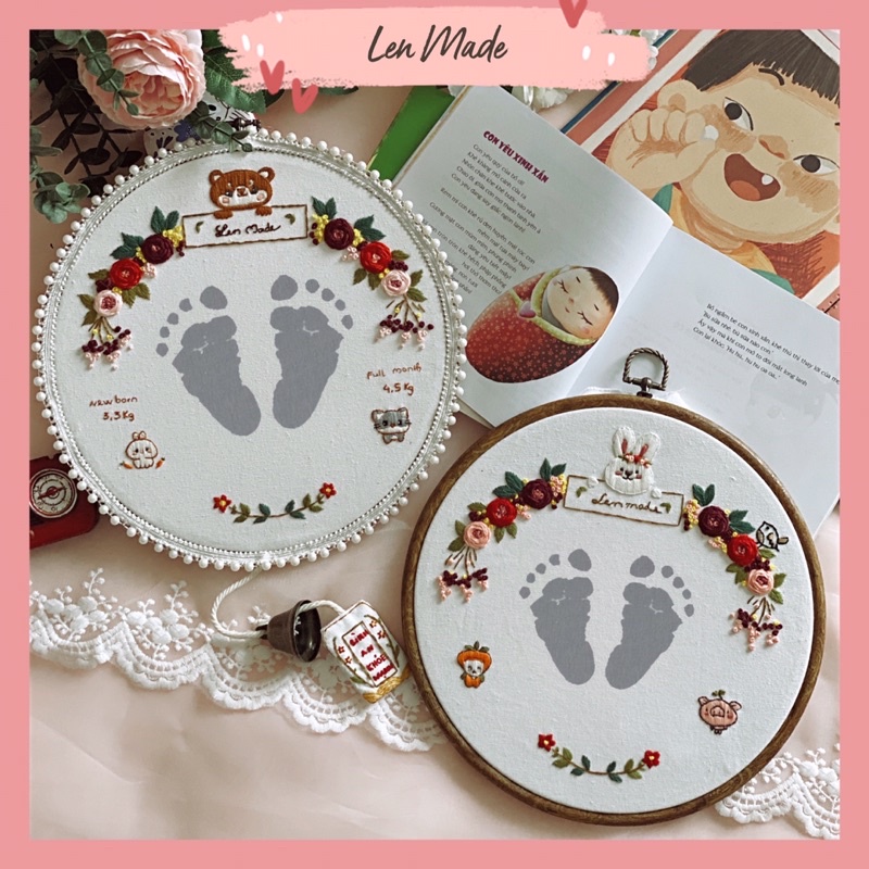 DIY bộ Kit tự thêu tay embroidery IN DẤU CHÂN TAY cho trẻ lưu giữ kỉ niệm trang trí thôi nôi full month ý nghĩa lenmade
