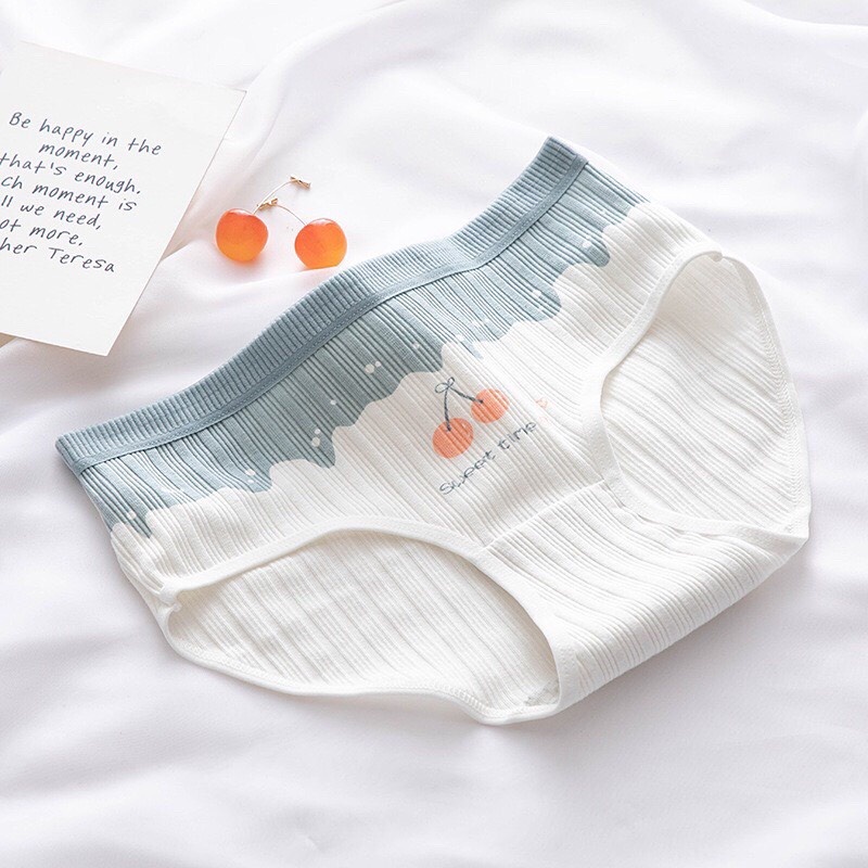 Quần Lót Nữ Cotton Tăm Tre Tông Màu Xanh Trắng 4D Họa Tiết Cherry Cute Dễ Thương Dành Cho Bạn Gái