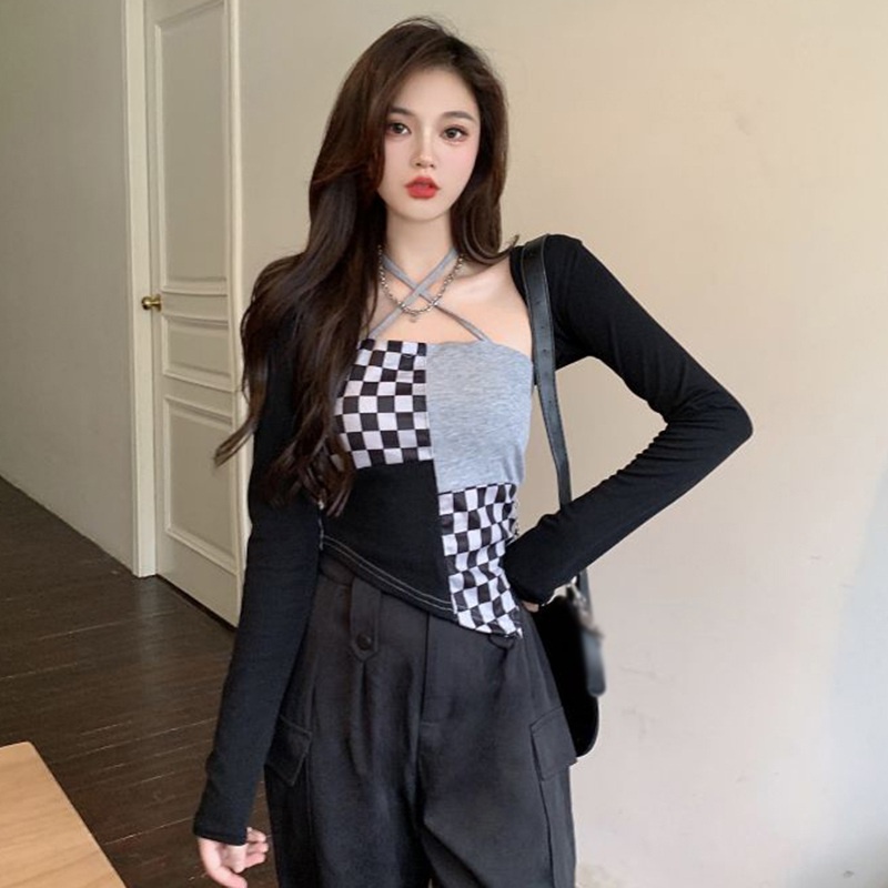 Áo croptop dệt kim không tay dáng ôm in họa tiết caro thời trang cho nữ