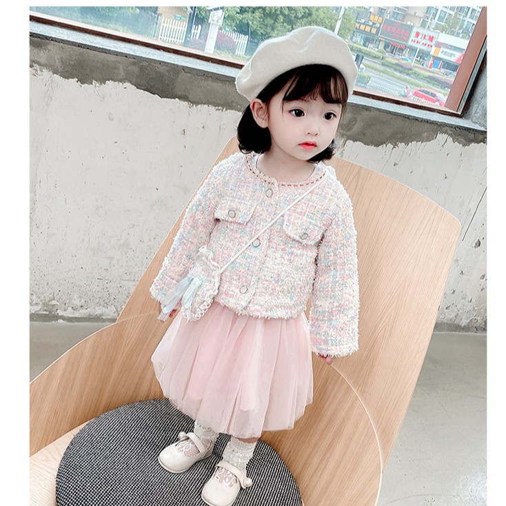 Váy thu đông bé gái kèm áo khoác dạ xinh xắn và tặng túi đeo siêu cute size 10-18kg [SV12]