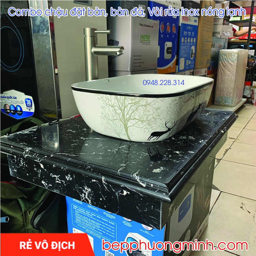 Bộ chậu rửa đặt bàn, bàn đá, vòi lavabo cao sus304 cao cấp