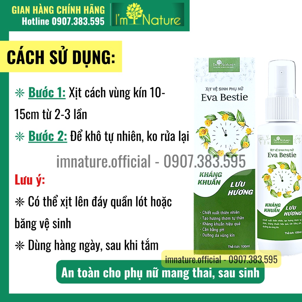 Xịt Khử Mùi Vùng Kín Eva Bestie - Kháng Khuẩn Lưu Hương Quyến Rũ I'm Nature 100ml