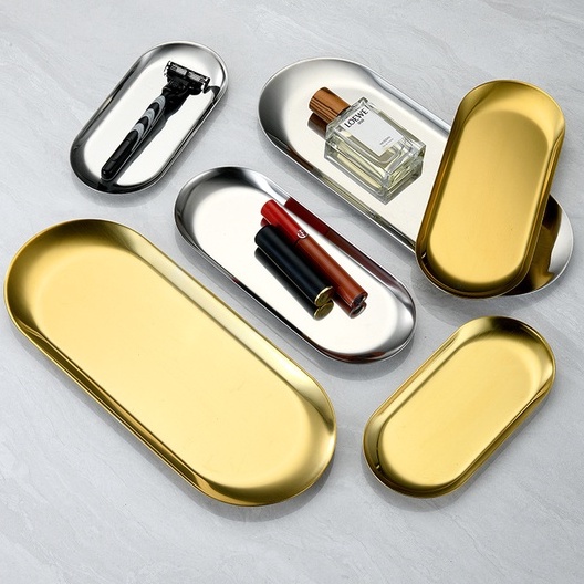 Khay kim loại mạ vàng đựng đồ trang sức, nến thơm,..decor phòng ngủ