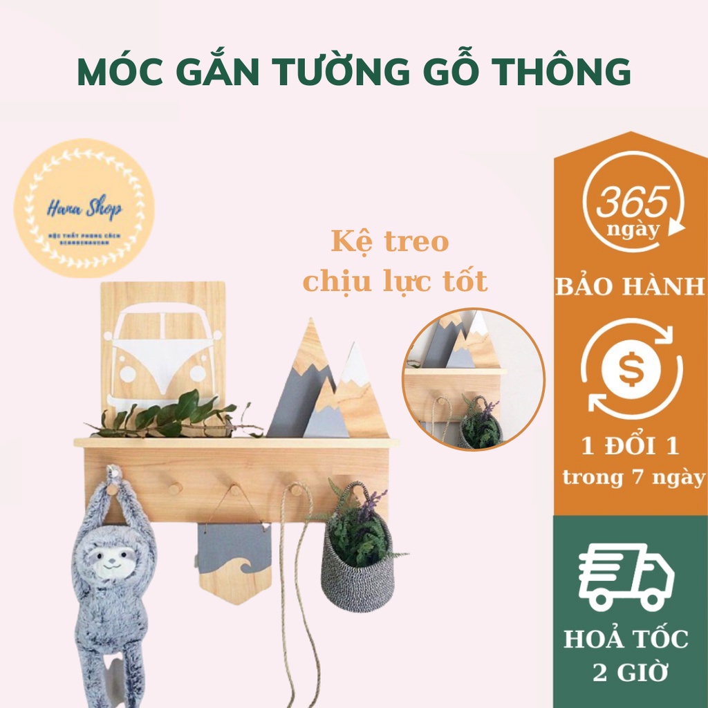 Móc Gỗ Gắn Tường Gỗ Thông - Decor Siêu Xinh, Chịu Lực Cao - Kệ Treo Tường Kèm Móc Trang Trí - BH 12 Tháng Hana Shop