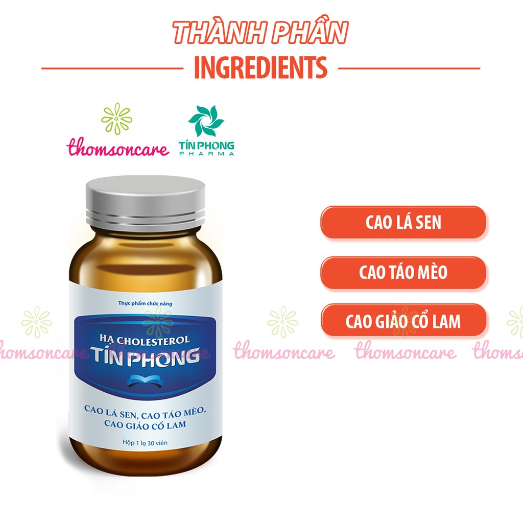Hỗ trợ giảm mỡ máu - Hạ Cholesterol Tín Phong - hộp 30v từ lá sen, giảo cổ lam, hỗ trợ giảm cân, béo phì