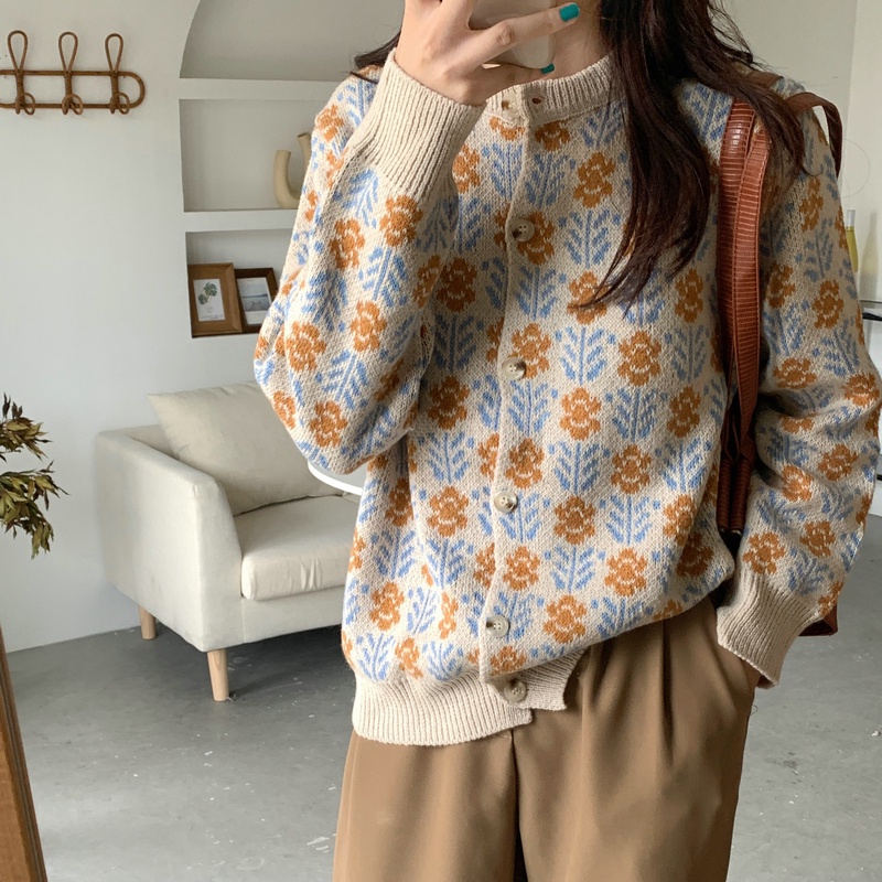 Áo khoác sweater cardigan cổ tròn họa tiết hoa phong cách phương Tây cho nữ