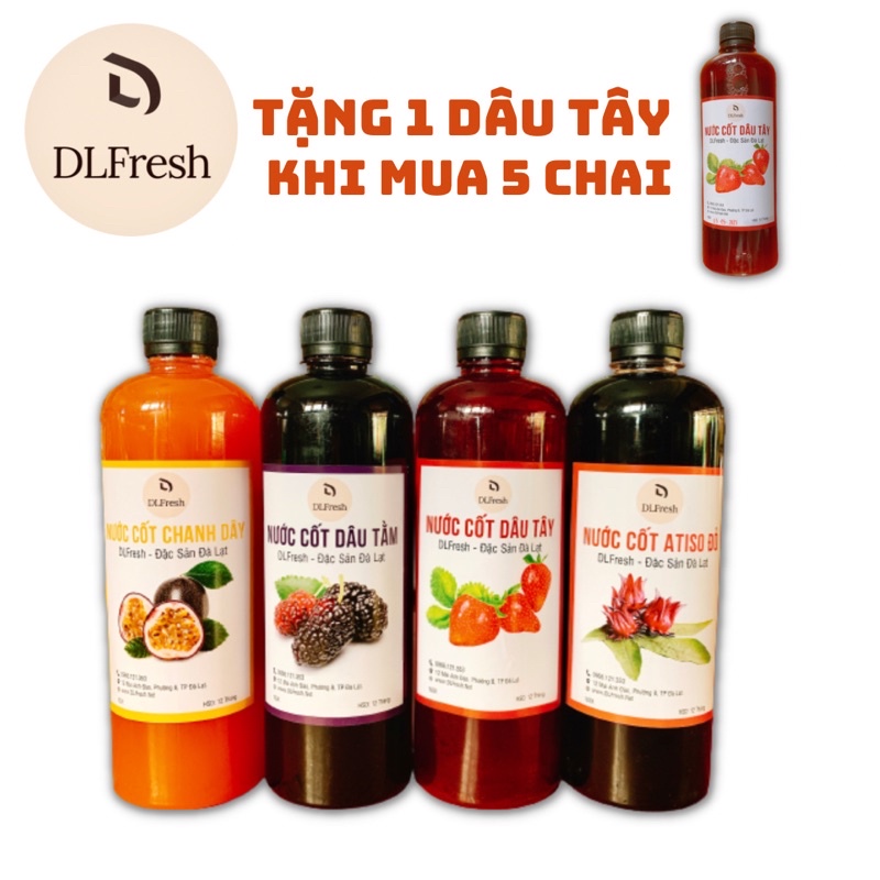 Nước cốt trái cây DLFresh nước cốt dâu tây, chanh dây, dâu tằm, atiso đỏ 500ml