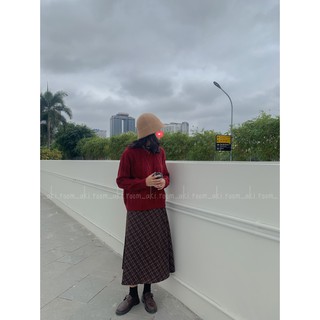 Chân váy dạ nhung kẻ xòe dài cạp lưng chun