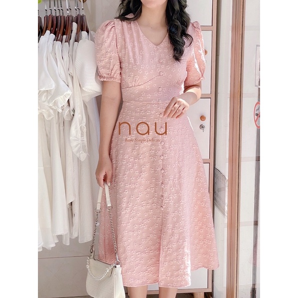 Đầm cổ V xẻ tà hoa nổi 3 màu hồng/xanh/trắng