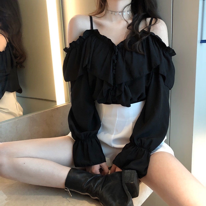 Áo Trễ Vai Bẹt Vai Tay Dài Bồng Phối Nhún Bèo Ulzzang