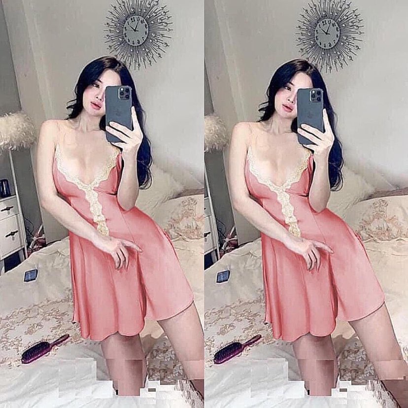 Đầm ngủ nữ, dáng xòe, không mút ngực, chất lụa satin, thiết kế phối ren siêu nữ tính, quyến rũ