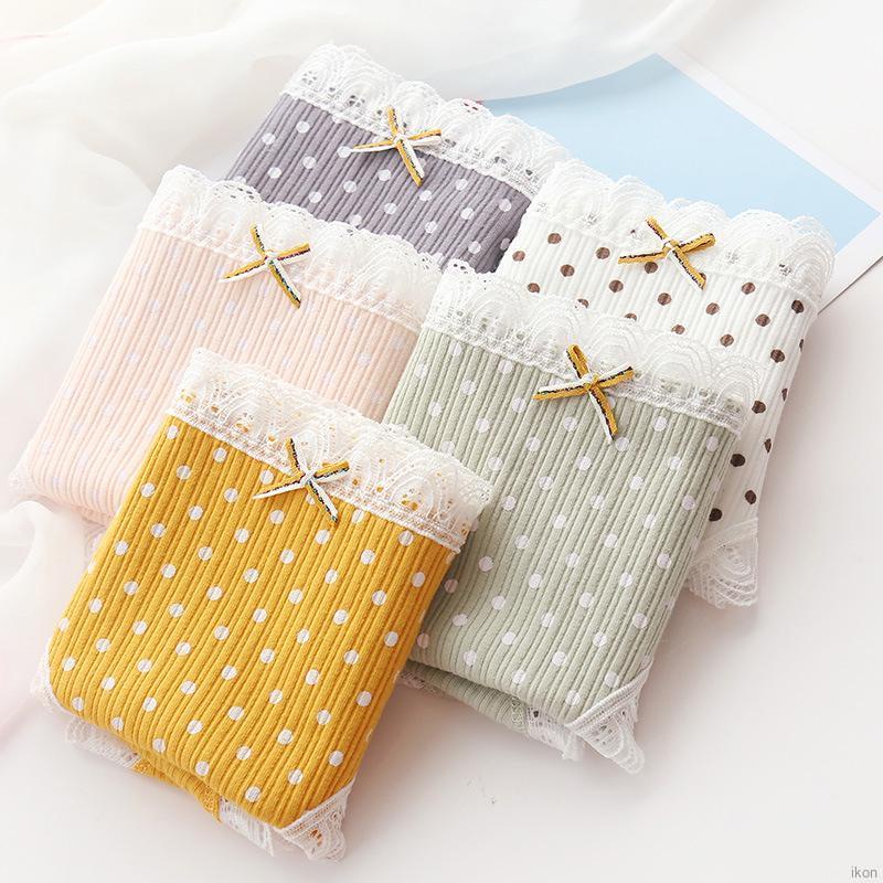 Quần Lót Cotton Lưng Vừa Phối Ren Họa Tiết Chấm Bi Phong Cách Nhật Bản Dễ Thương