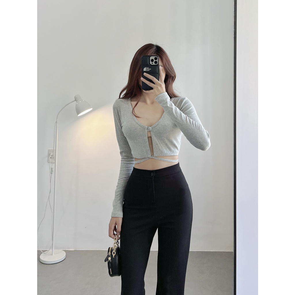 Áo croptop nữ tay dài HHVINTAGE kiểu cổ tim thắt eo thun gân co giãn A05