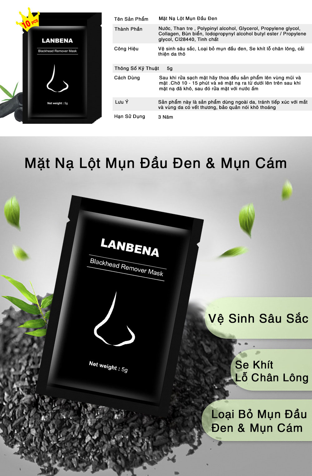 [Hàng Có Sẵn] LANBENA Set 10 Miếng Gel Lột Mụn Mũi, Mụn Cám &amp; Mụn Đầu Đen Gói 5g (Đủ 1 Lần Dùng)