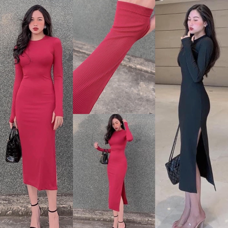 Đầm ôm body xẻ tà 2 bên tay dài xỏ ngón chất thun gân loại 1 không xù lông Cam Kết Hàng Y Hình ( Size từ 40-60kg )