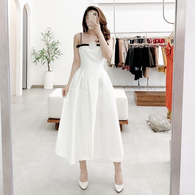 Đầm dự tiệc 2 dây tafta kèm hoa siêu hot