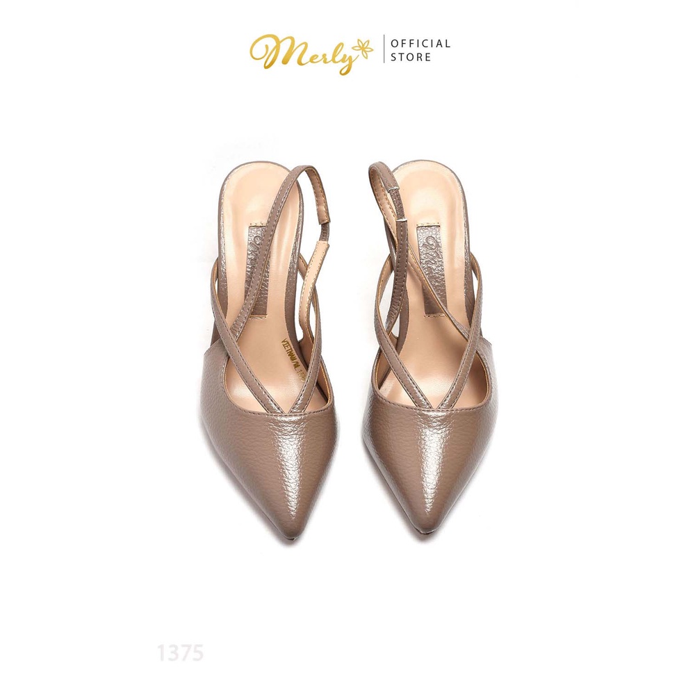 Giày slingback gót nhọn 8cm Merly 1375 Nâu, Giày sandal gót nhọn 8cm, giày nữ big size