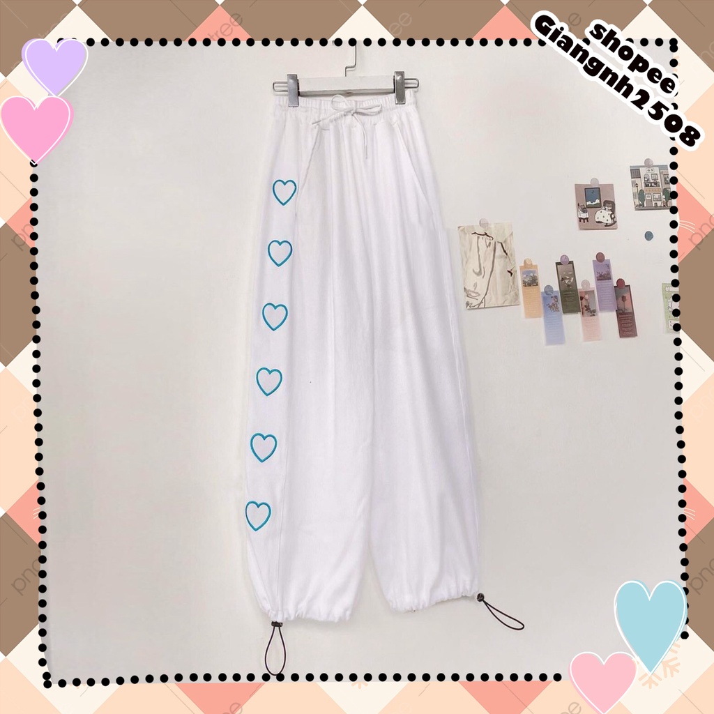 Q011 Quần Jogger đen trắng ưng cao dọc tim cỡ rộng unisex, Quần dài ống bom dây rút nam nữ thể thao cá tính hè thu đông