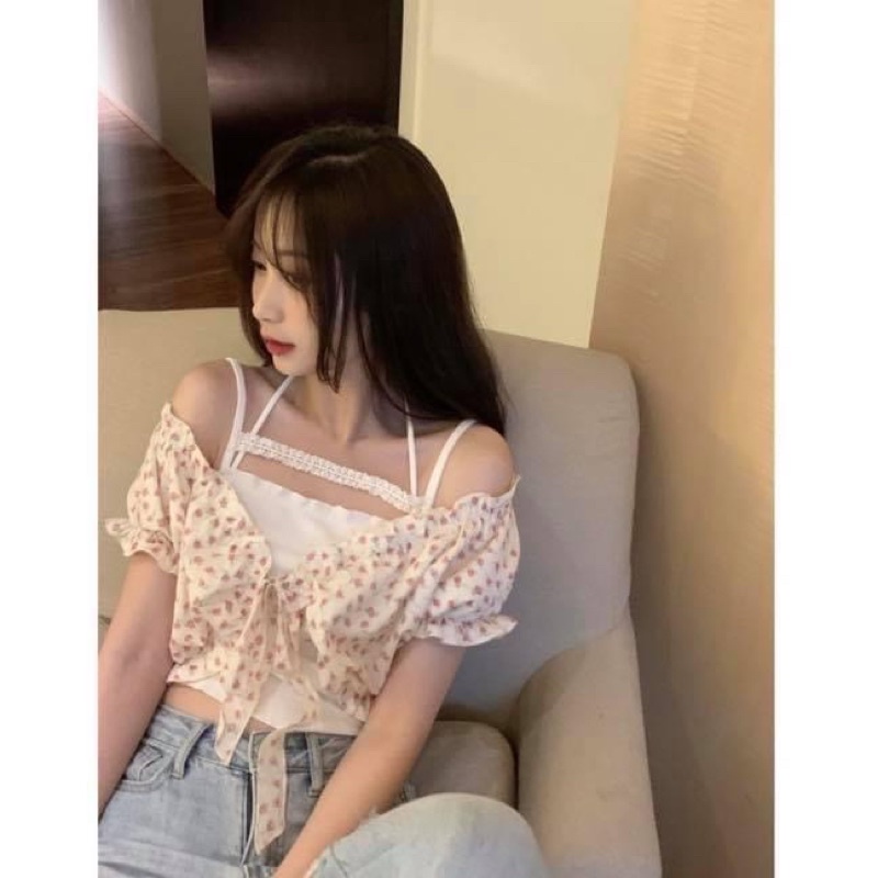 Set áo dây trắng đan chéo ngực và áo tay ngắn hoa nhí buộc nơ - Order taobao quảng châu