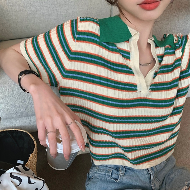 Áo polo Dệt Kim Mỏng Họa Tiết Kẻ Sọc Thời Trang Mùa Hè Cho Nữ